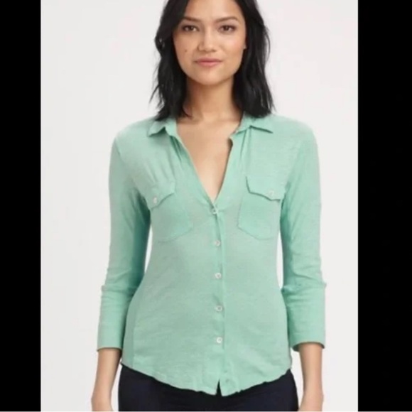 James Perse Ribbed Panel sheer Slub Button Down Roll Cuff Top green teal - Picture 1 of 5